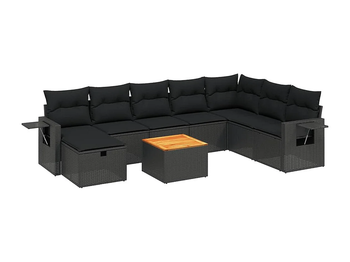 9-tlg. Garten-Sofagarnitur mit Kissen Schwarz Poly Rattan