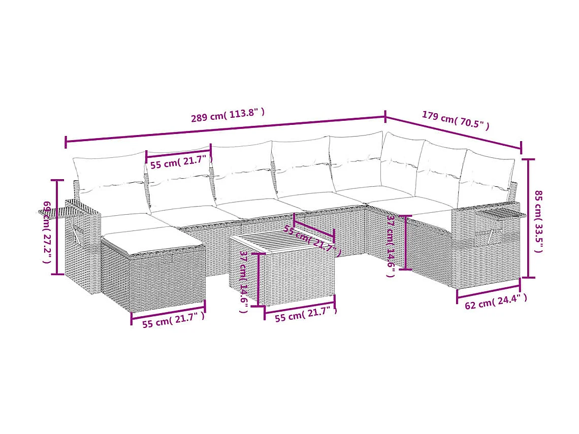9-tlg. Garten-Sofagarnitur mit Kissen Schwarz Poly Rattan