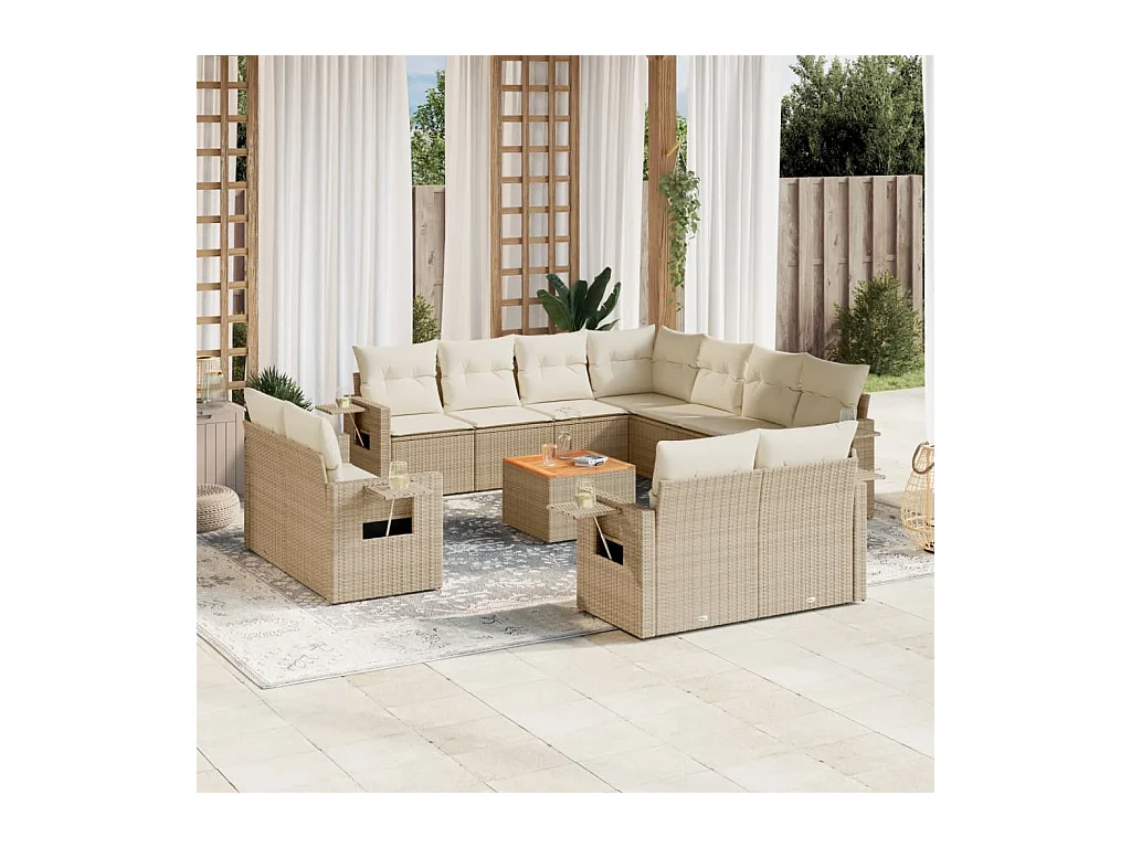 Salon de jardin avec coussins 12 pcs beige résine tressée