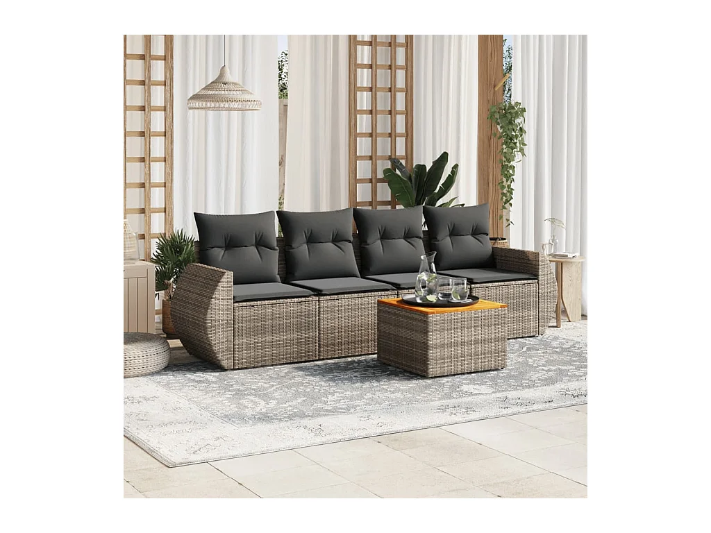 5-tlg. Garten-Sofagarnitur mit Kissen Grau Poly Rattan