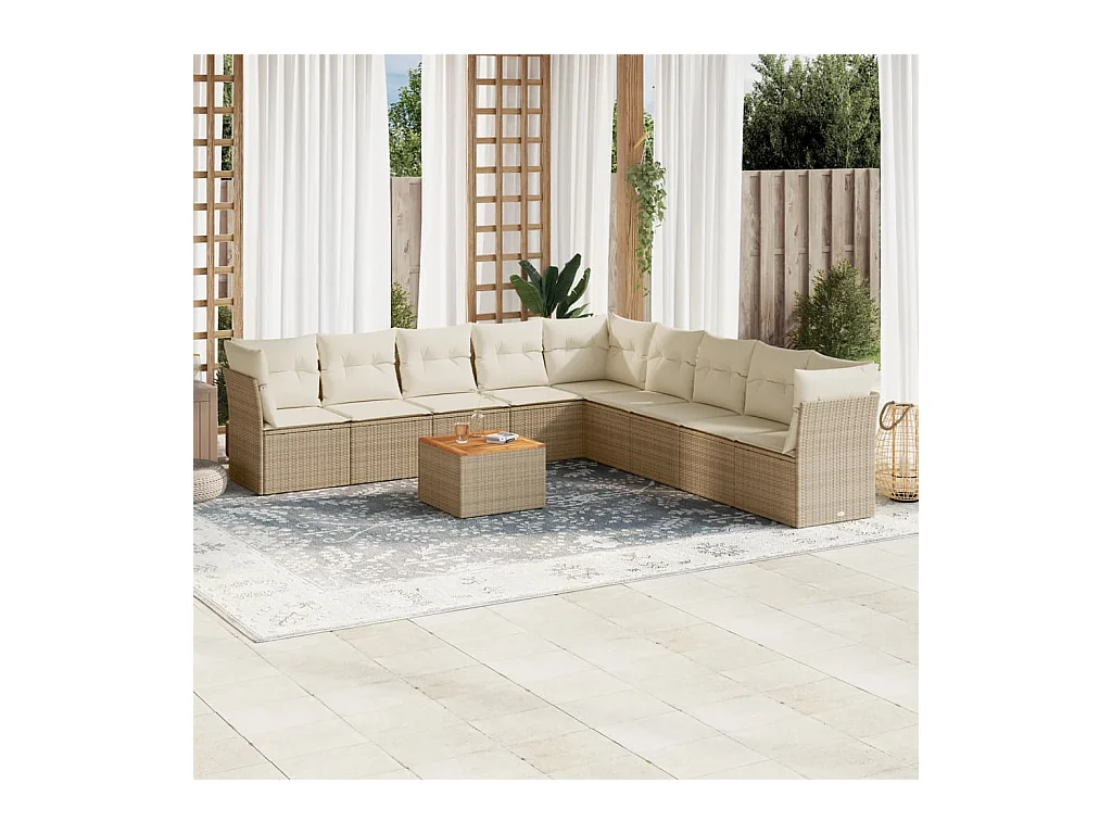 Salon de jardin avec coussins 10 pcs beige résine tressée