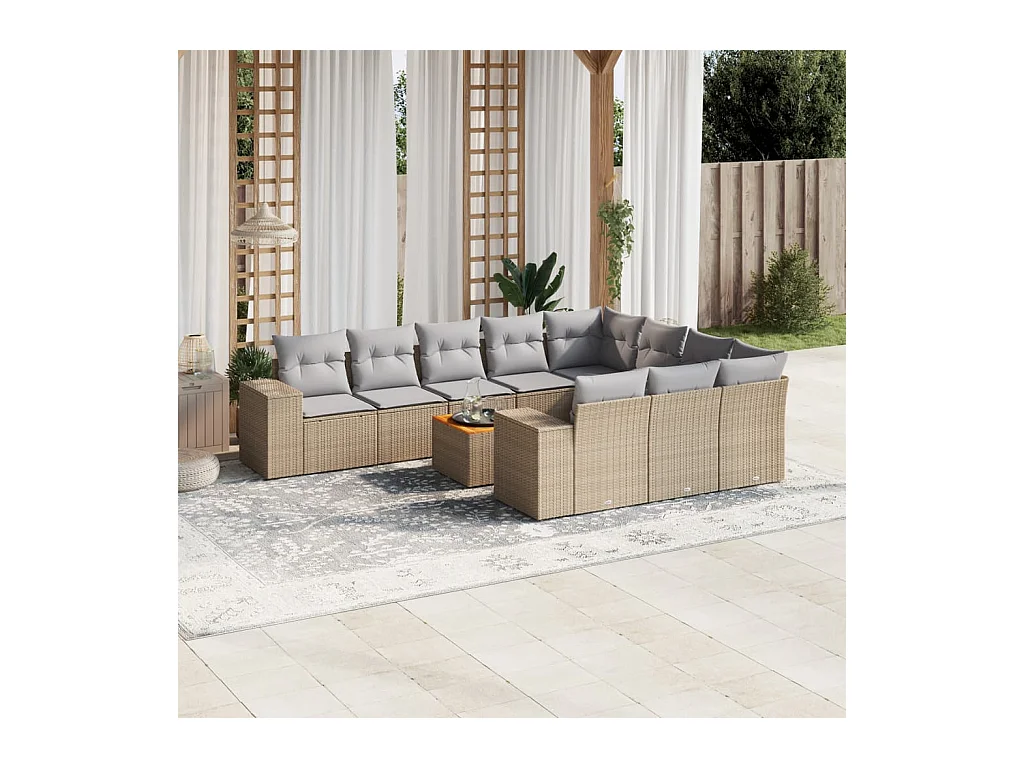 Salon de jardin 11 pcs avec coussins beige résine tressée