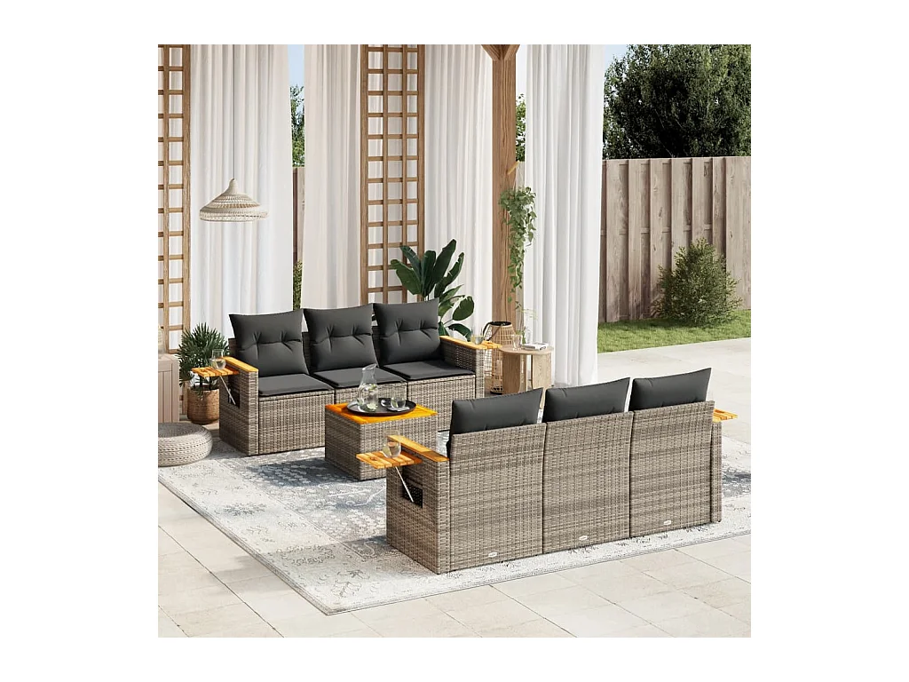 7-delige Loungeset met kussens poly rattan grijs