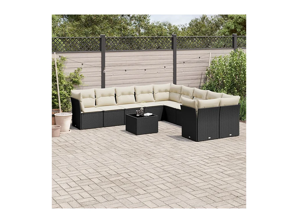 11-tlg. Garten-Sofagarnitur mit Kissen Schwarz Poly Rattan