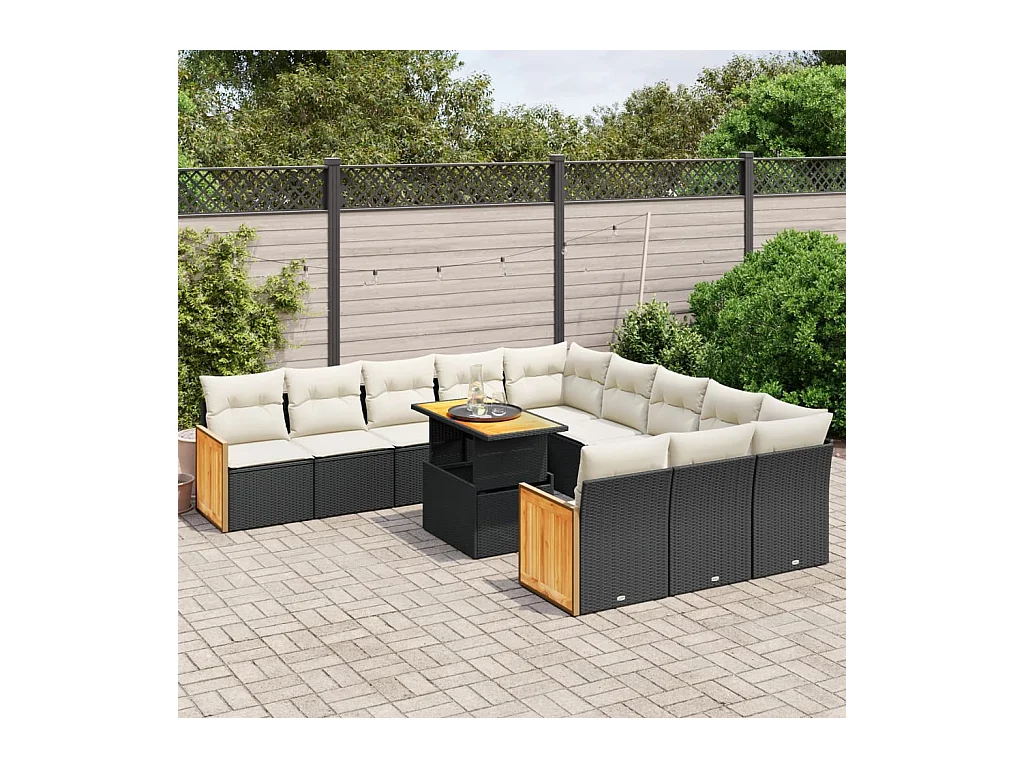 Salon de jardin 11 pcs avec coussins noir résine tressée