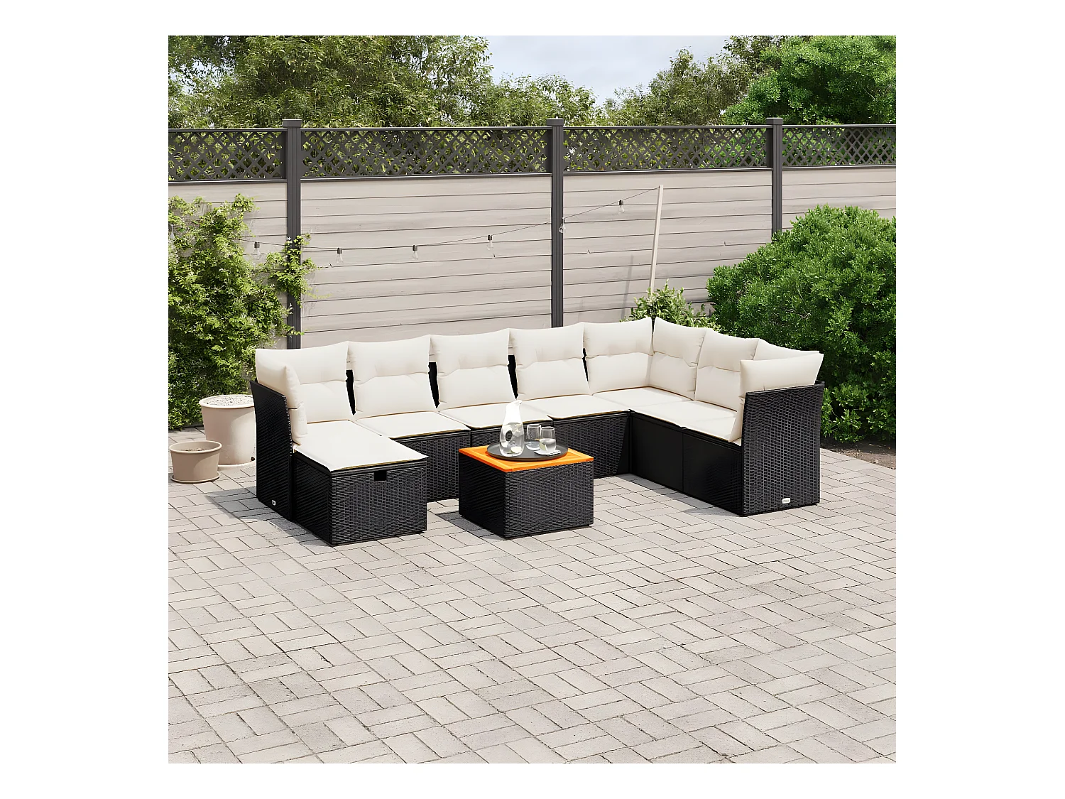 Set Divani da Giardino 9 pz con Cuscini Nero in Polyrattan