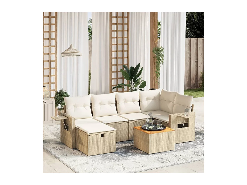 Salon de jardin avec coussins 7 pcs beige résine tressée