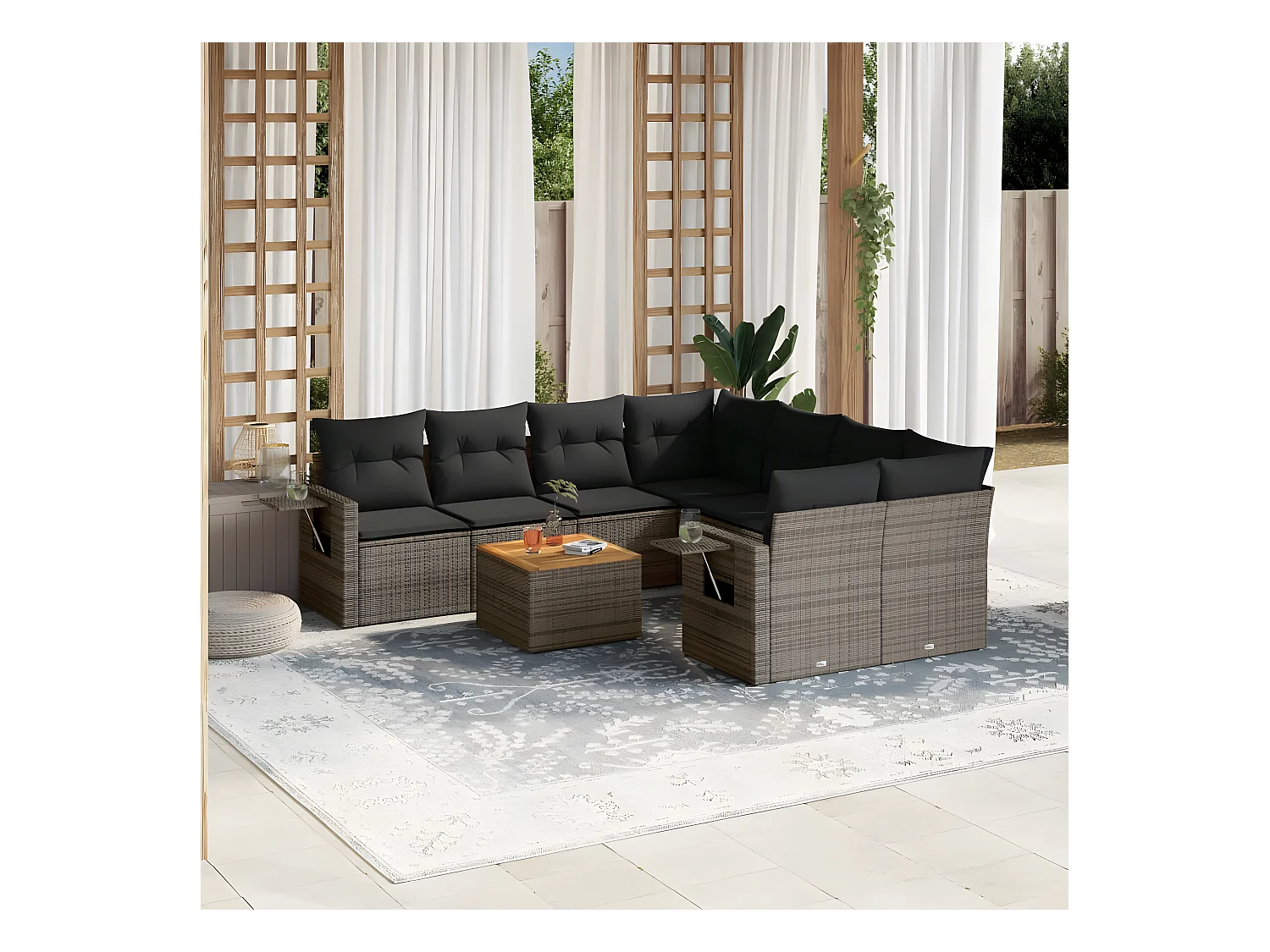 Salon de jardin 9 pcs avec coussins gris résine tressée