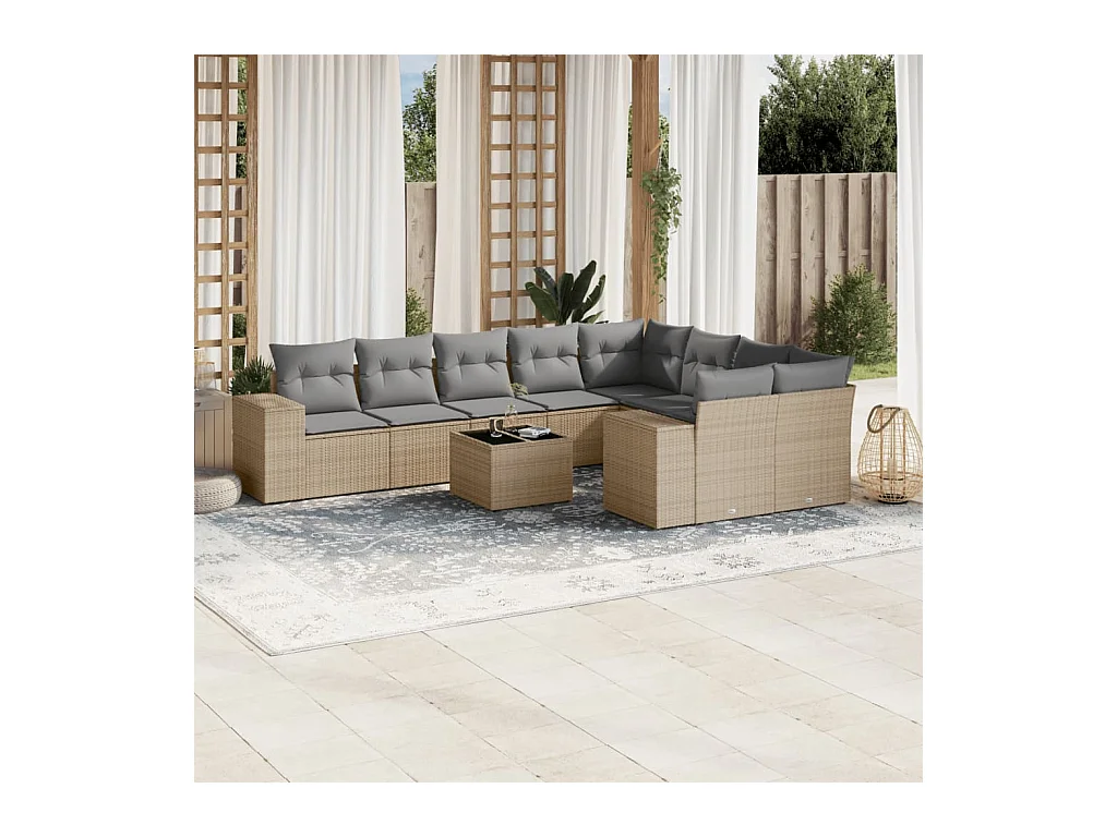 10-tlg. Garten-Sofagarnitur mit Kissen Beige Poly Rattan