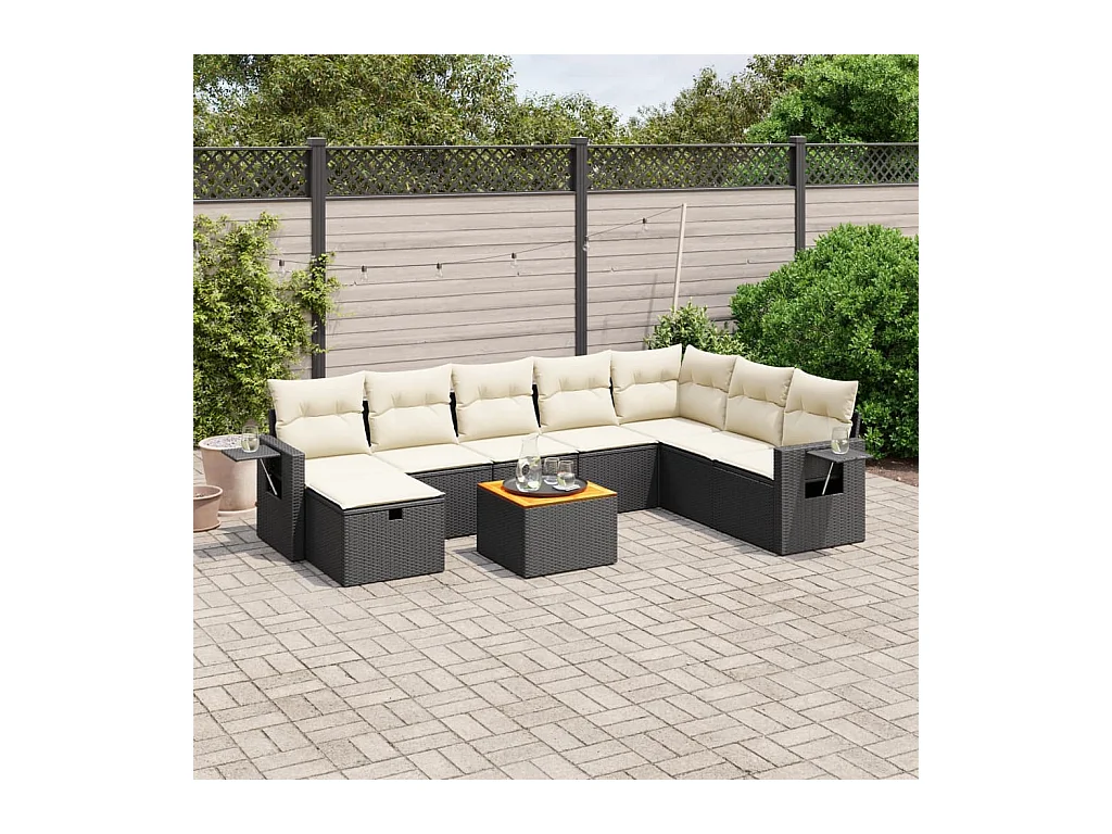 Set Divani da Giardino 9 pz con Cuscini Nero in Polyrattan
