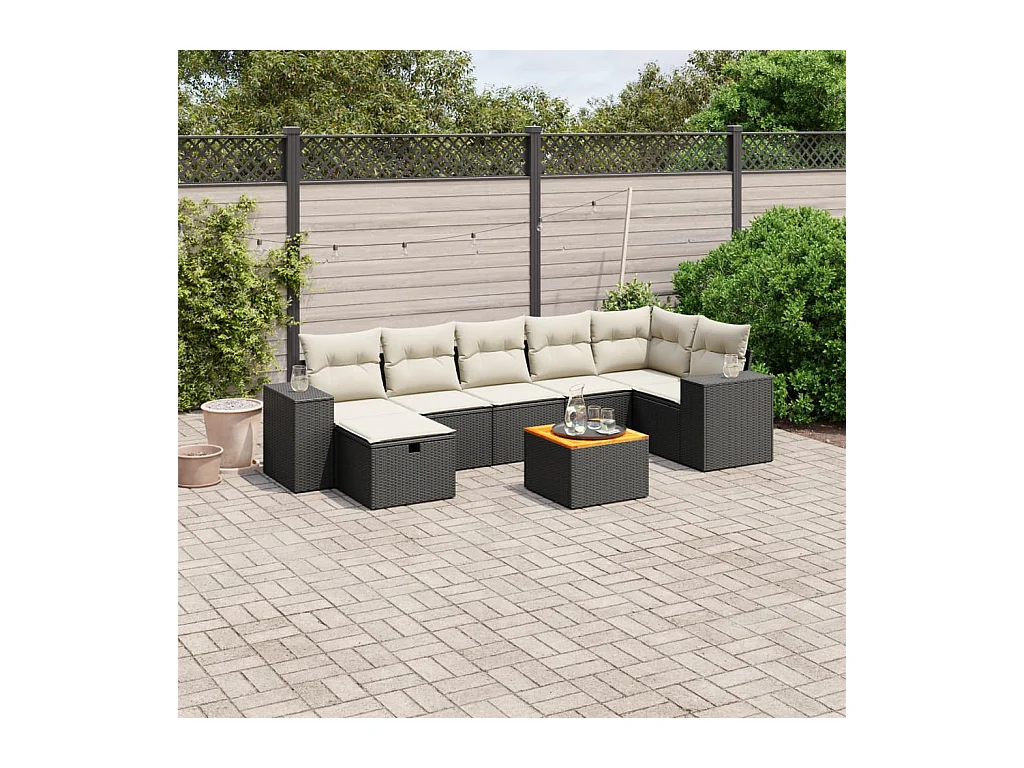 8-delige Loungeset met kussens poly rattan zwart