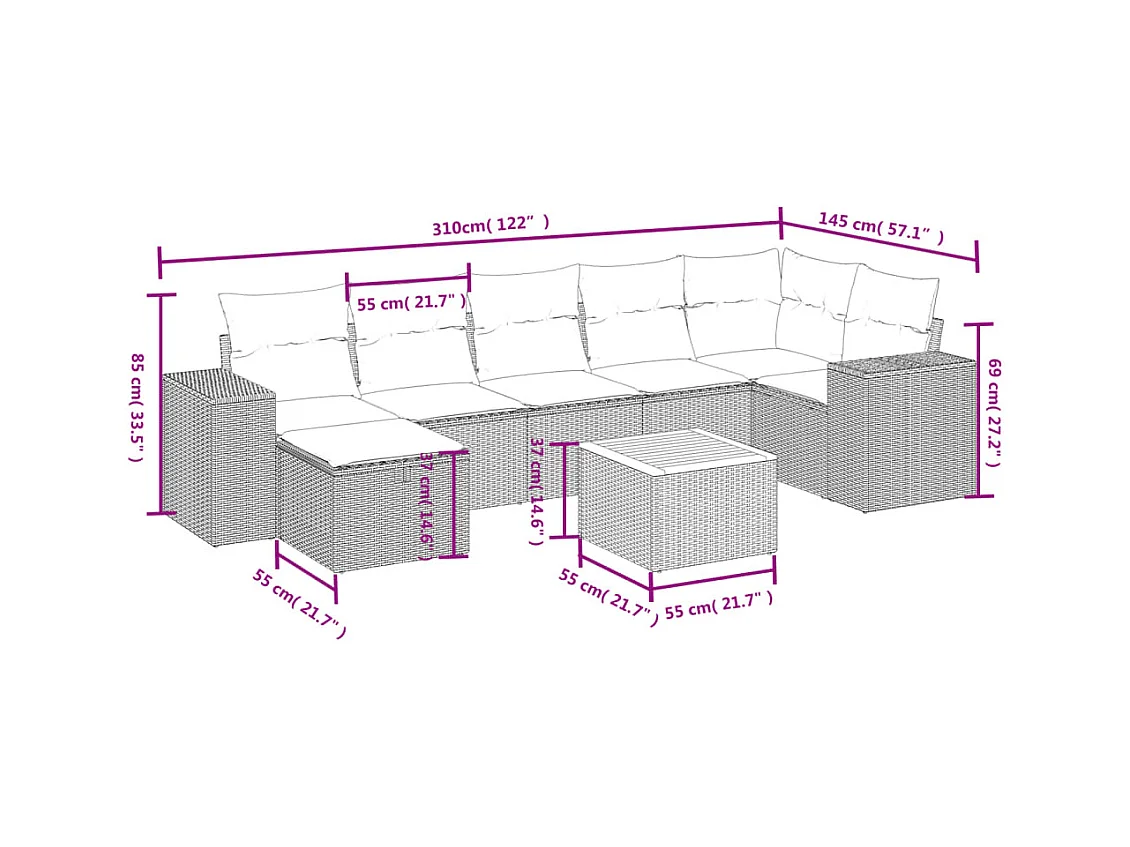 8-tlg. Garten-Sofagarnitur mit Kissen Schwarz Poly Rattan