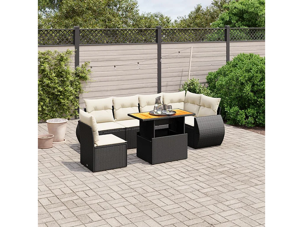 7-tlg. Garten-Sofagarnitur mit Kissen Schwarz Poly Rattan
