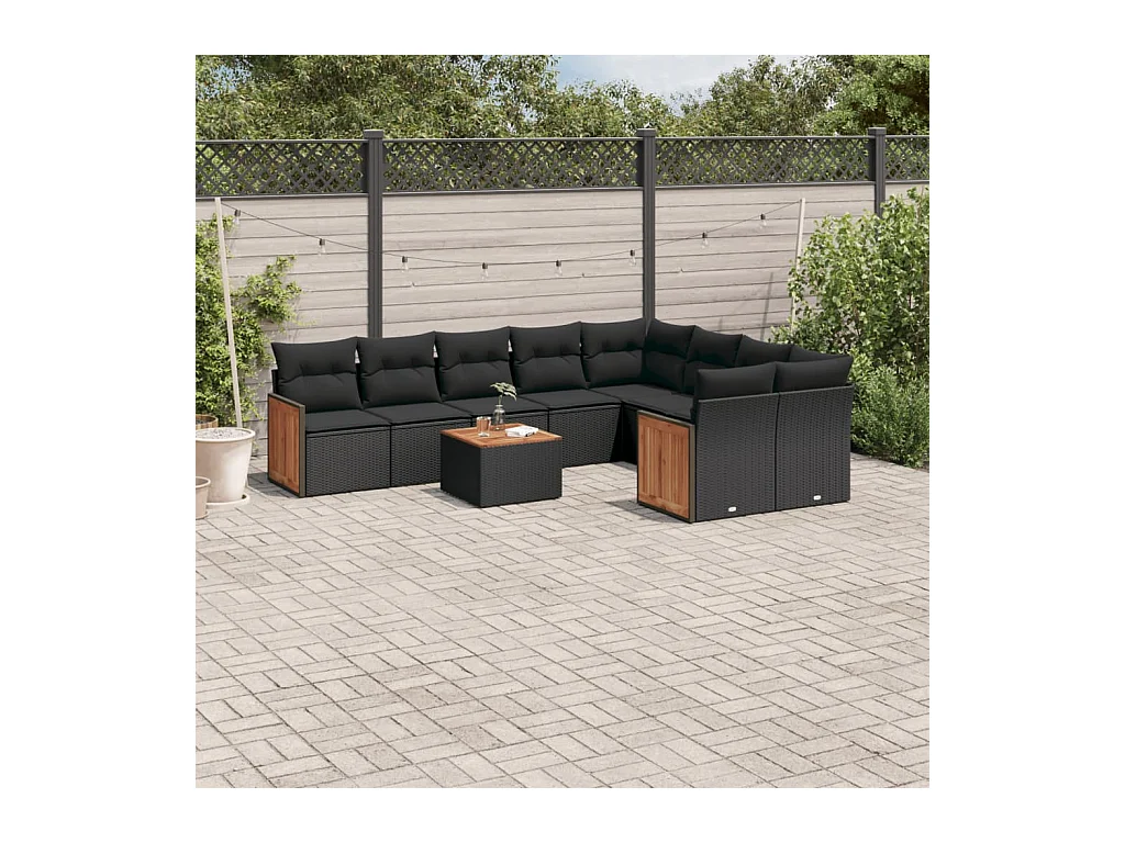 Salon de jardin 10 pcs avec coussins noir résine tressée