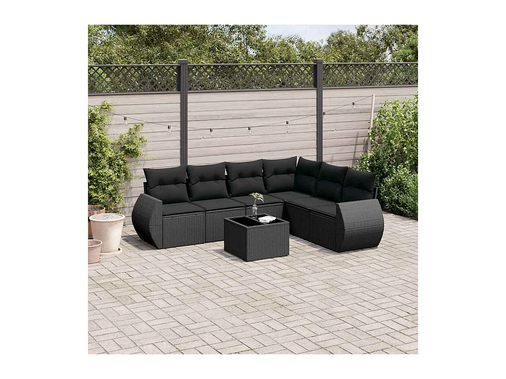 7-delige Loungeset met kussens poly rattan zwart