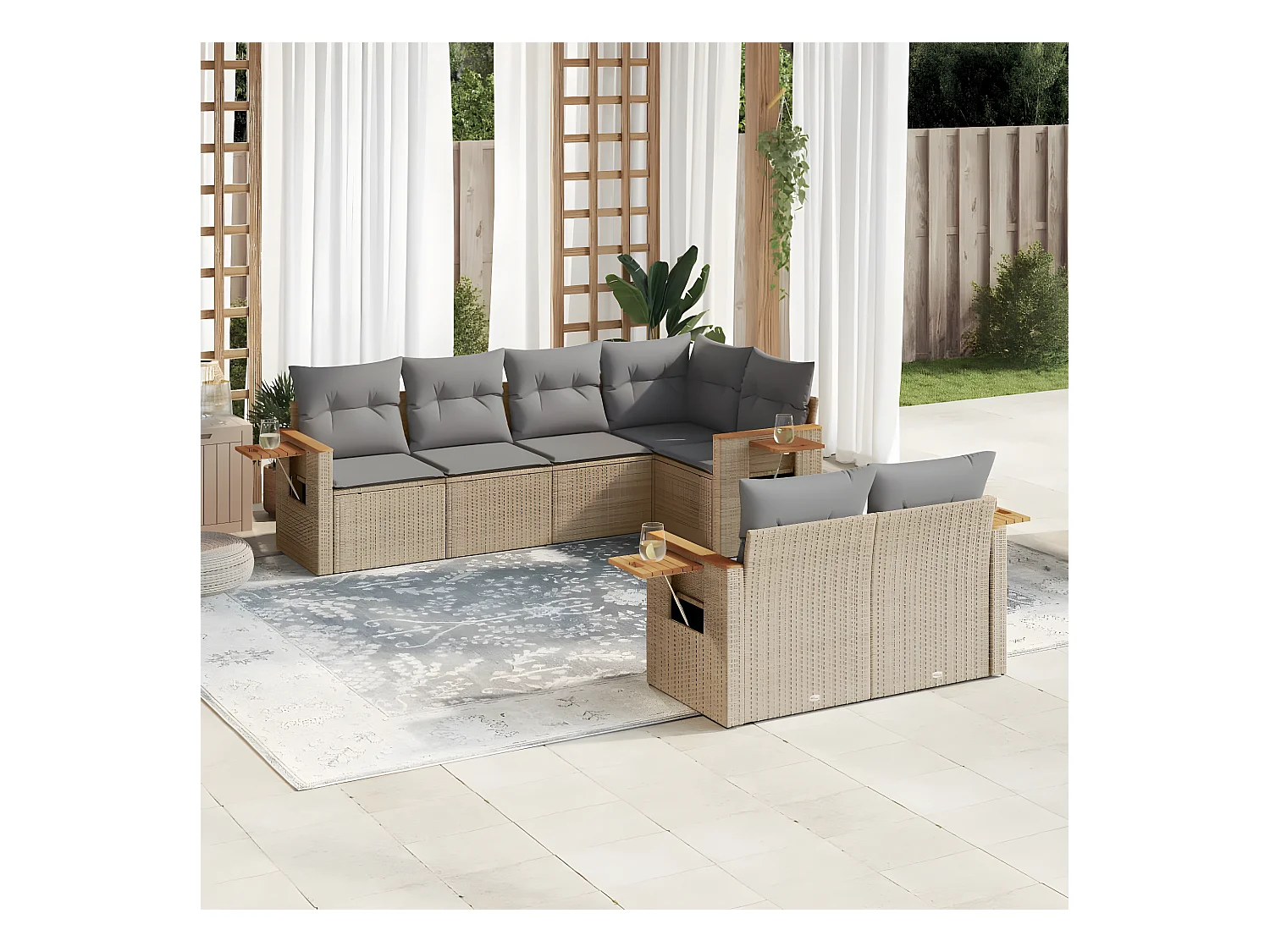 7-tlg. Garten-Sofagarnitur mit Kissen Beige Poly Rattan