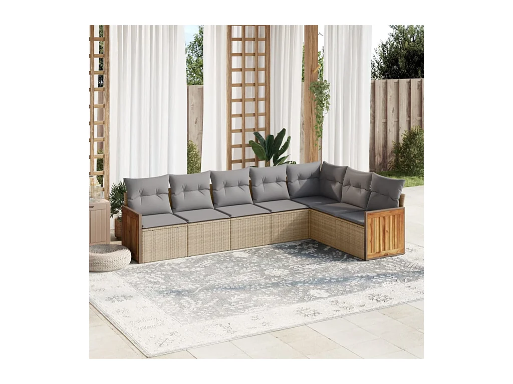 7-tlg. Garten-Sofagarnitur mit Kissen Beige Poly Rattan