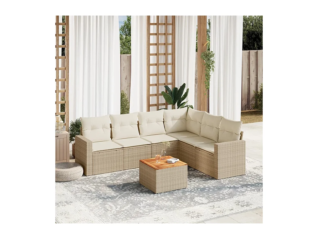 Set Divani da Giardino 7 pz con Cuscini Beige in Polyrattan