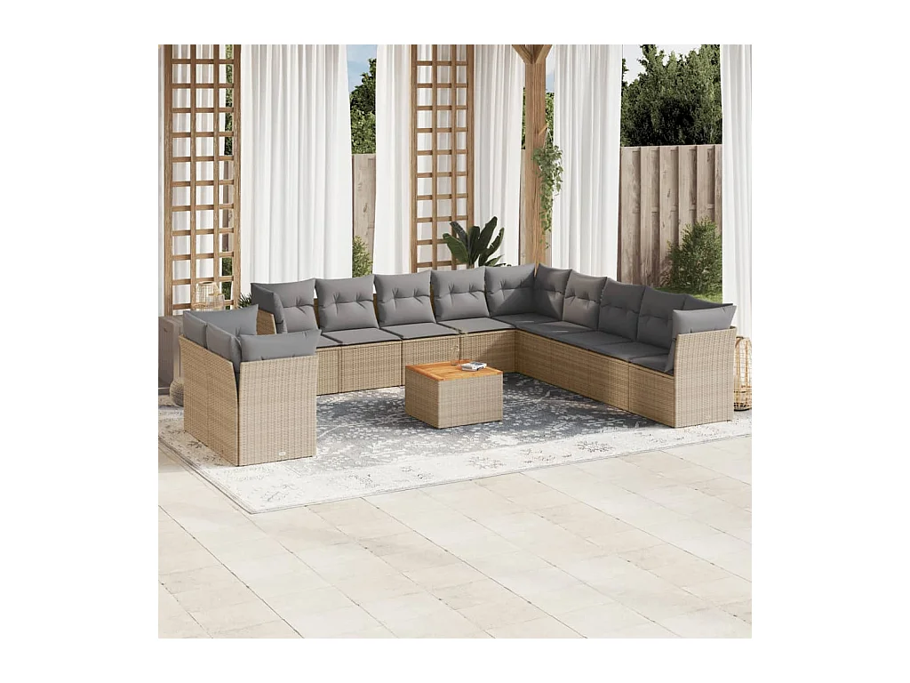 Salon de jardin et coussins 12 pcs mélange beige résine tressée