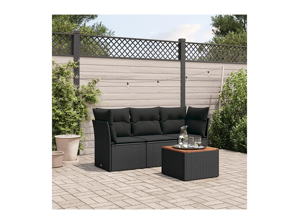 Salon de jardin 4 pcs avec coussins noir résine tressée