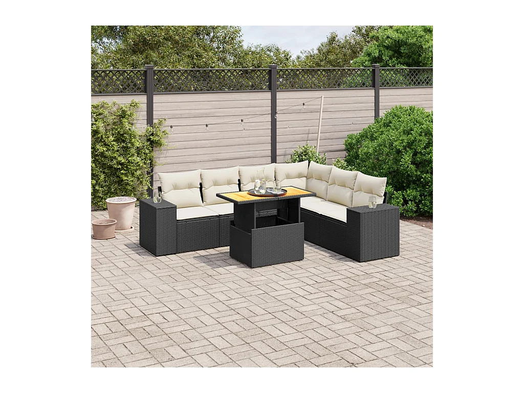 7-delige Loungeset met kussens poly rattan zwart