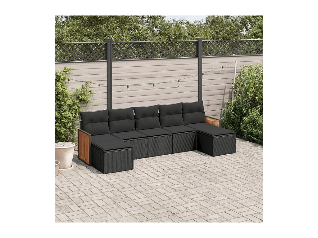 Salon de jardin 7 pcs avec coussins noir résine tressée