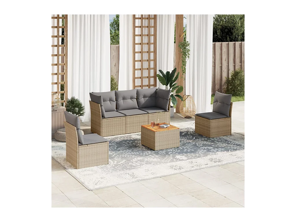 6-tlg. Garten-Sofagarnitur mit Kissen Beige Poly Rattan
