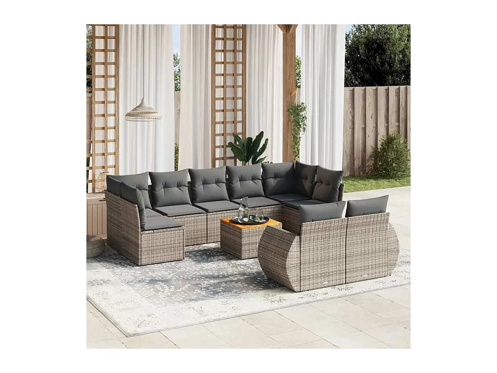 10-delige Loungeset met kussens poly rattan grijs