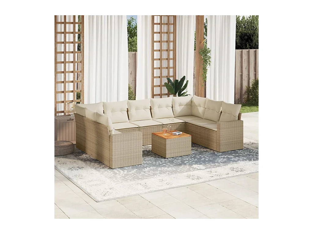 Salon de jardin avec coussins 10 pcs beige résine tressée