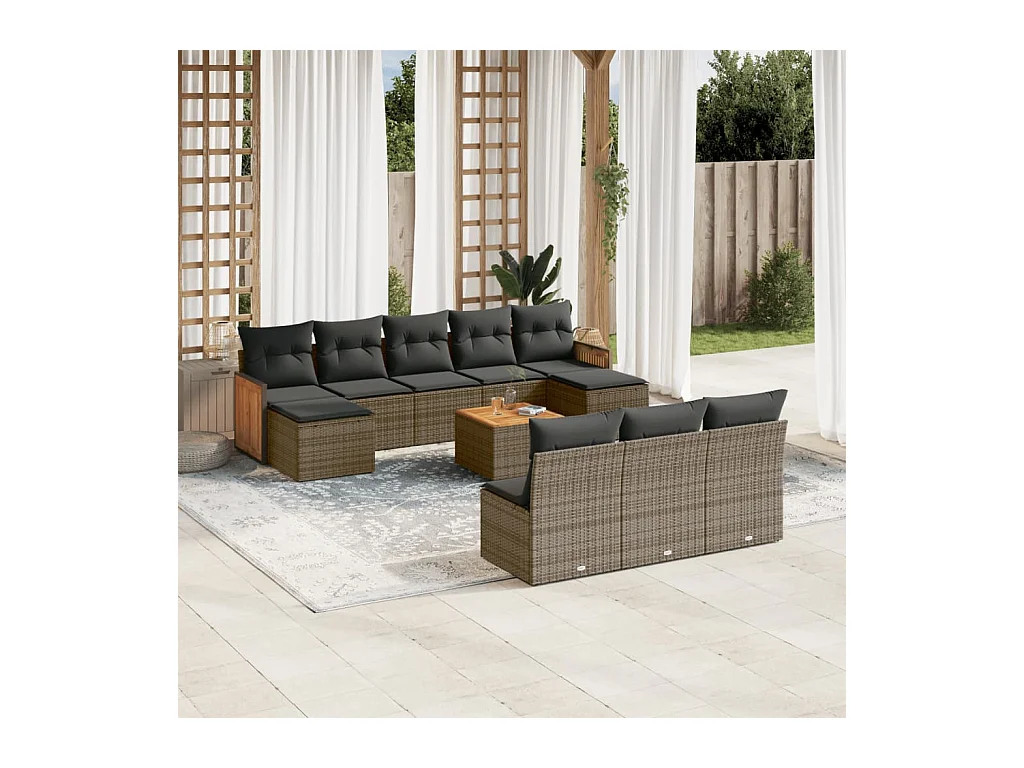 11-tlg. Garten-Sofagarnitur mit Kissen Grau Poly Rattan