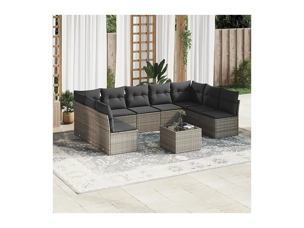 Set Divano da Giardino 10 pz con Cuscini Grigio in Polyrattan