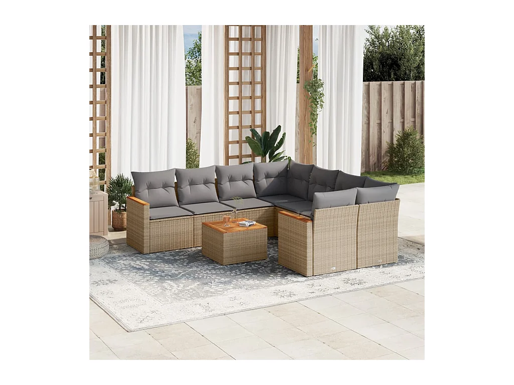 9-delige Loungeset met kussens poly rattan gemengd beige