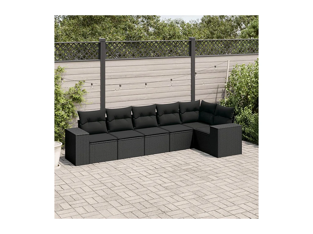 Set Divano da Giardino 6 pz con Cuscini Nero in Polyrattan