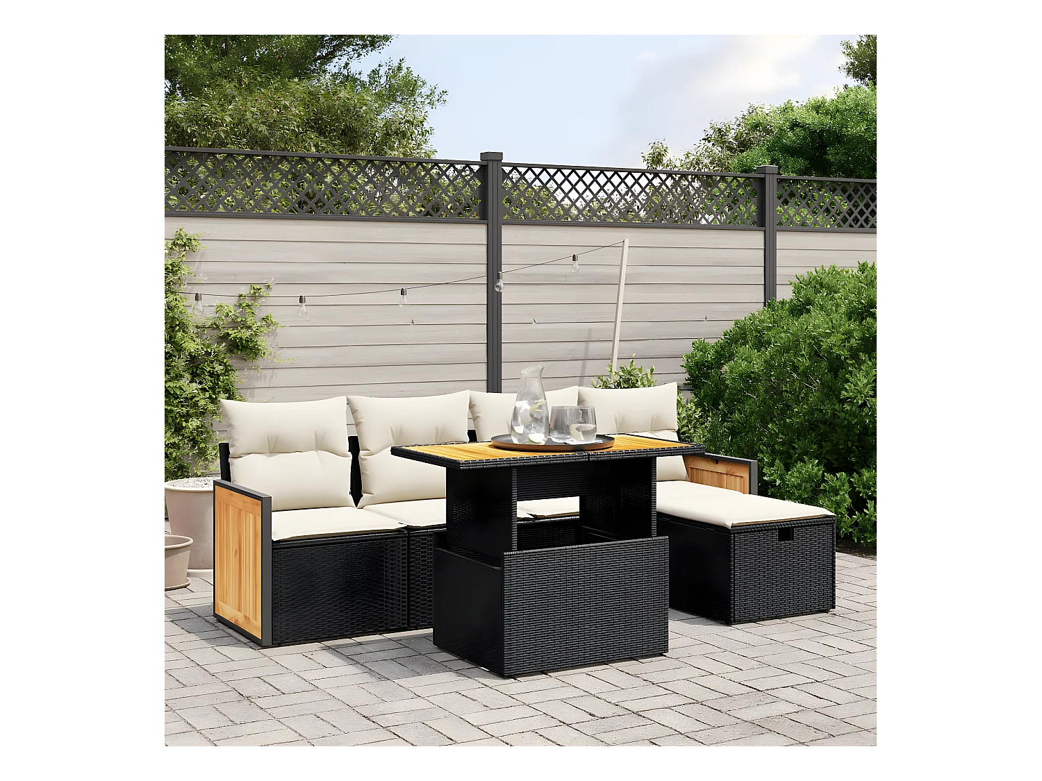 Salon de jardin 6 pcs avec coussins noir résine tressée