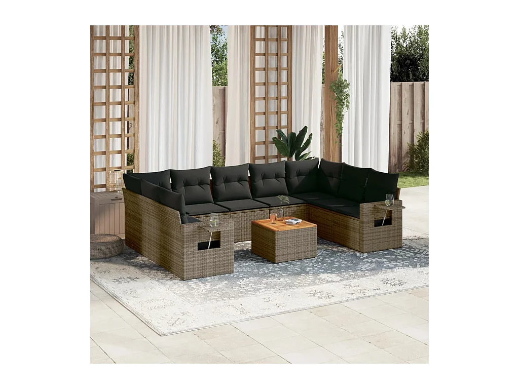Salon de jardin avec coussins 10 pcs gris résine tressée