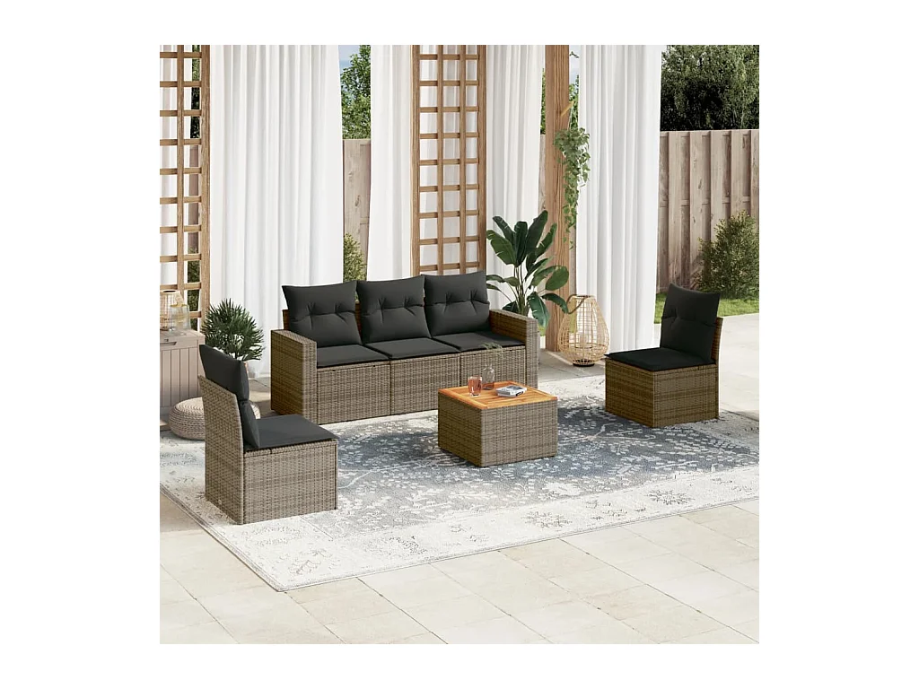 6-delige Loungeset met kussens poly rattan grijs
