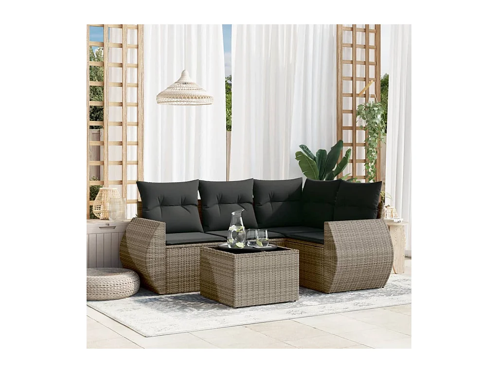 Salon de jardin 5 pcs avec coussins gris résine tressée
