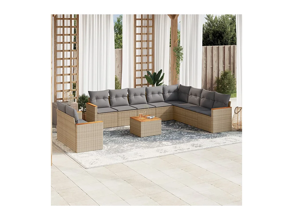 Salon de jardin 11 pcs avec coussins beige résine tressée