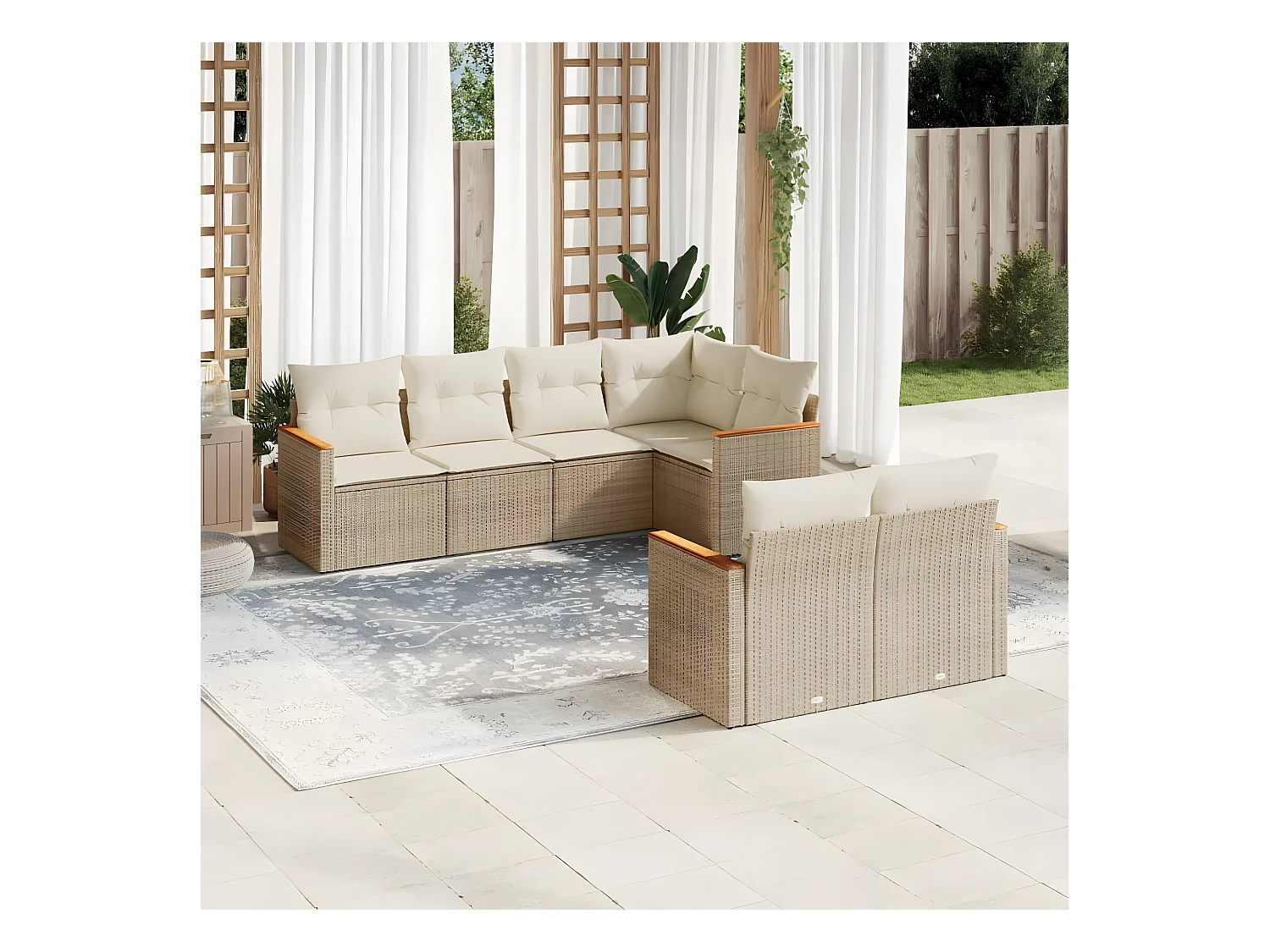 Set Divani da Giardino 7 pz con Cuscini Beige in Polyrattan