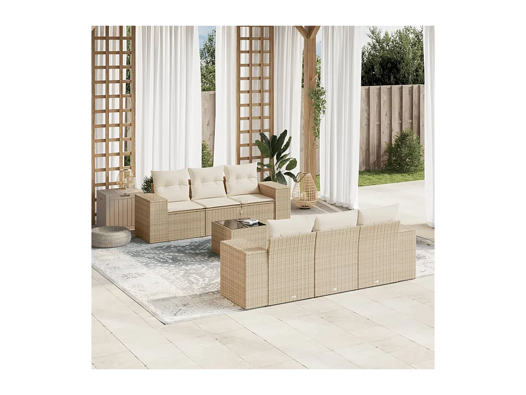 Salon de jardin avec coussins 7 pcs beige résine tressée