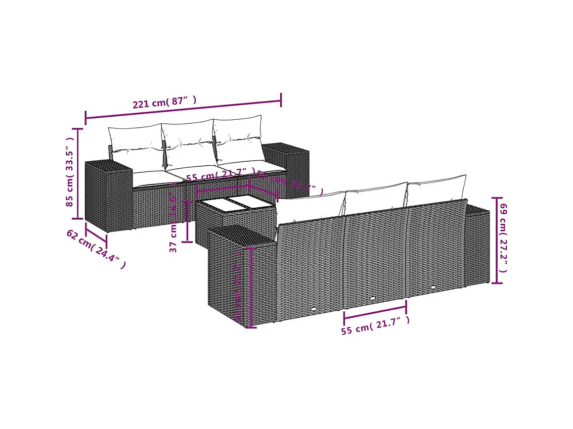 Salon de jardin avec coussins 7 pcs beige résine tressée