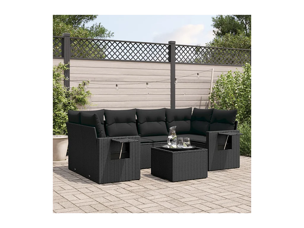 7-tlg. Garten-Sofagarnitur mit Kissen Schwarz Poly Rattan