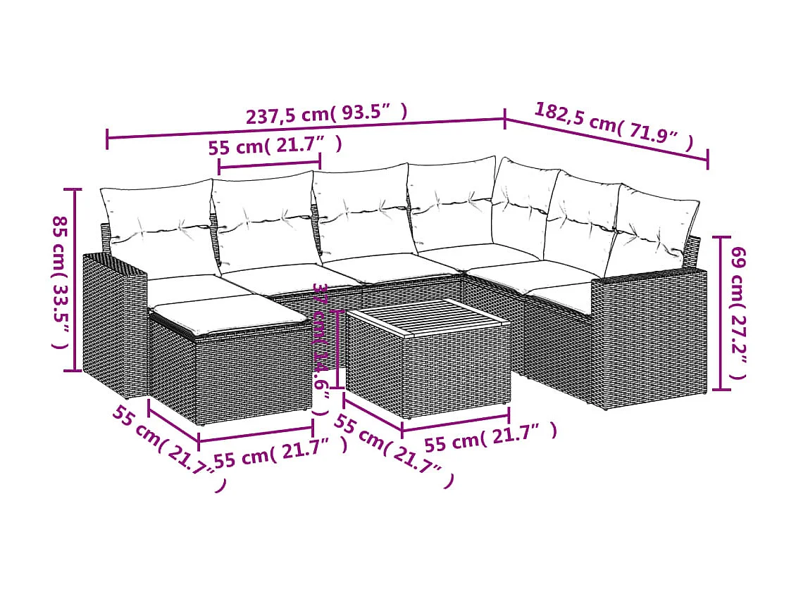 Salon de jardin 8 pcs avec coussins noir résine tressée