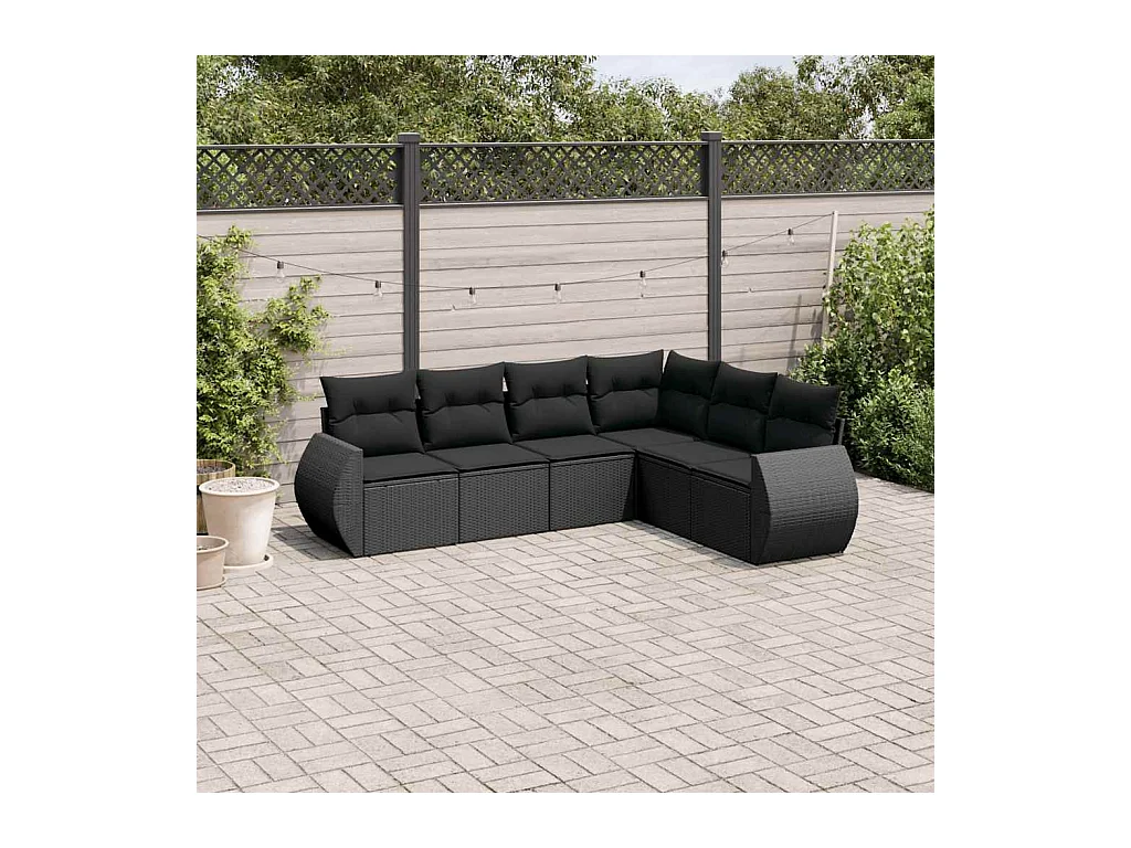 6-delige Loungeset met kussens poly rattan zwart