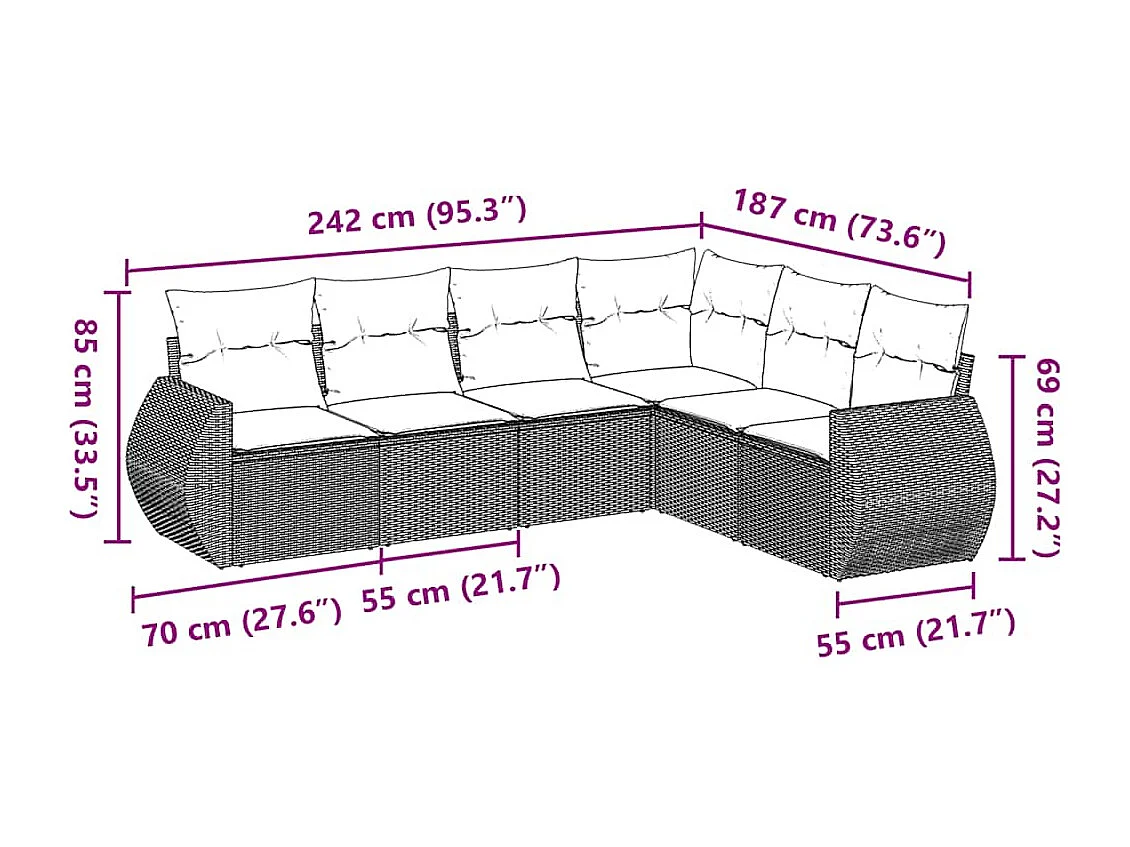 6 pcs conjunto sofás de jardim c/ almofadões vime PE preto