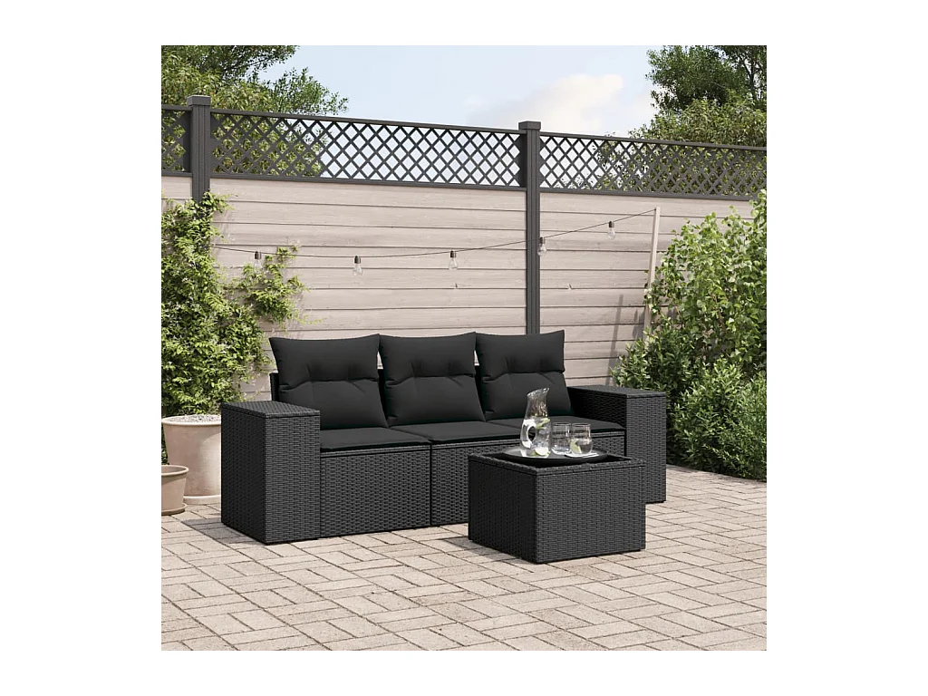 Set Divani da Giardino 4 pz con Cuscini Nero in Polyrattan