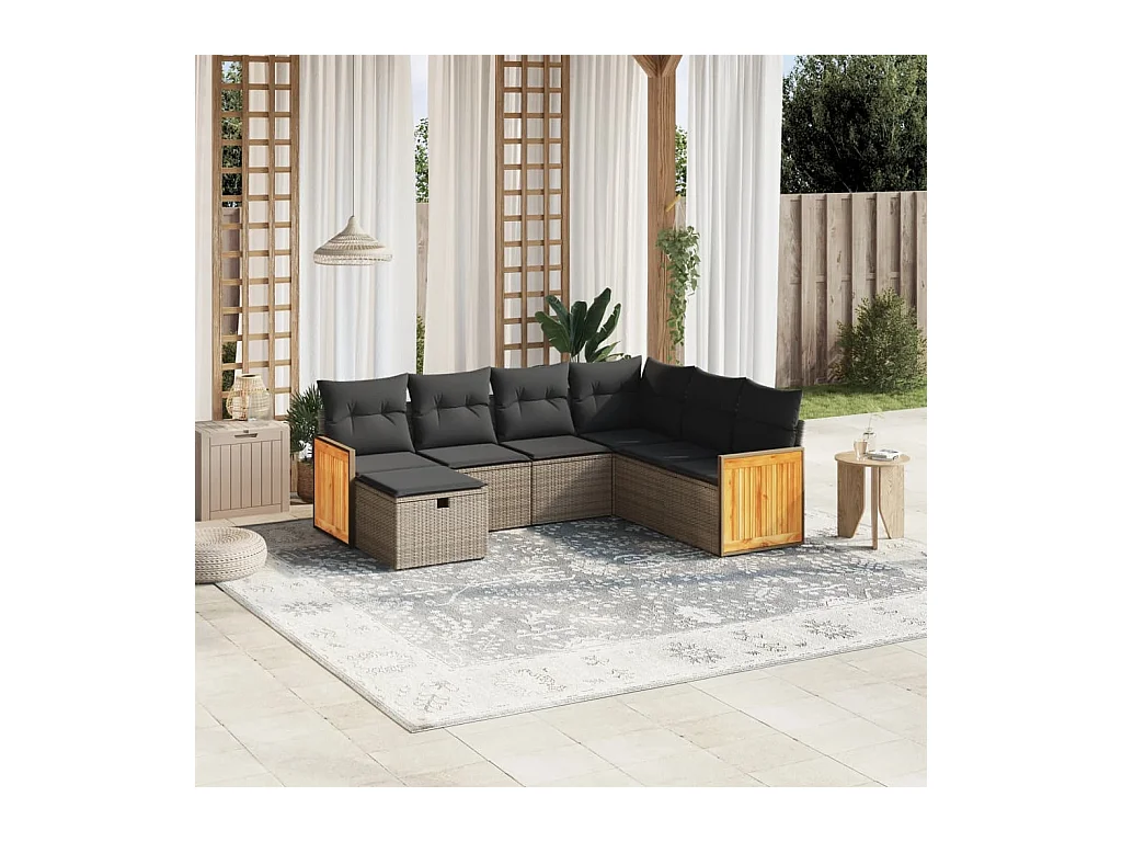 Salon de jardin avec coussins 7 pcs gris résine tressée