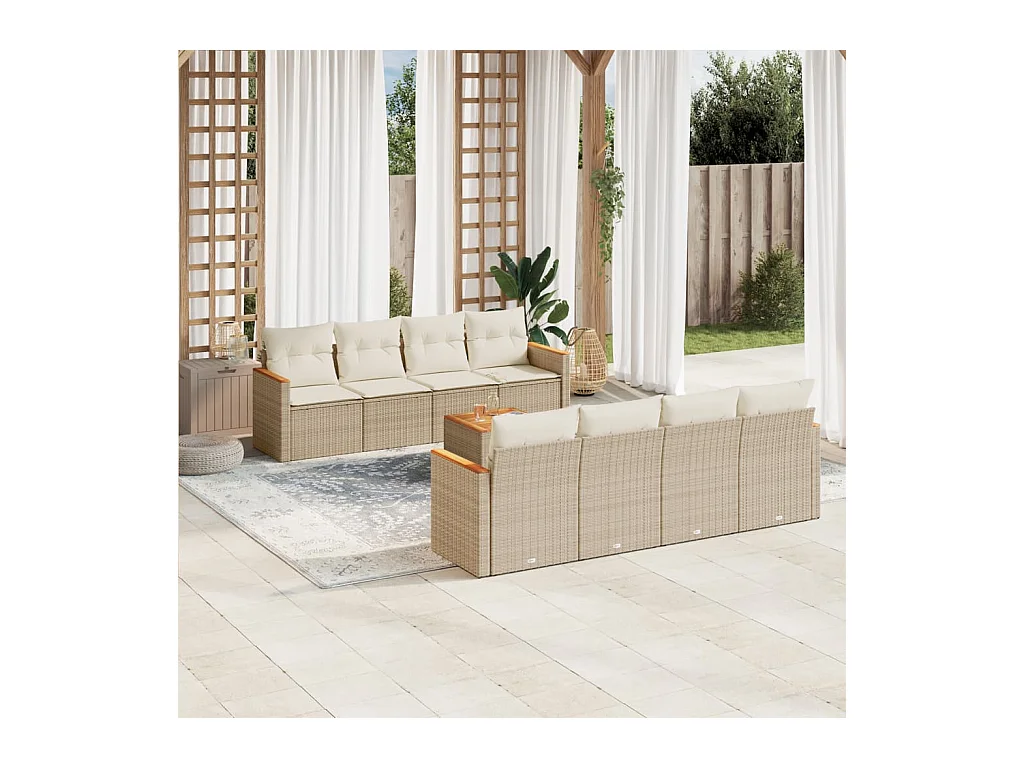 Salon de jardin avec coussins 9 pcs beige résine tressée