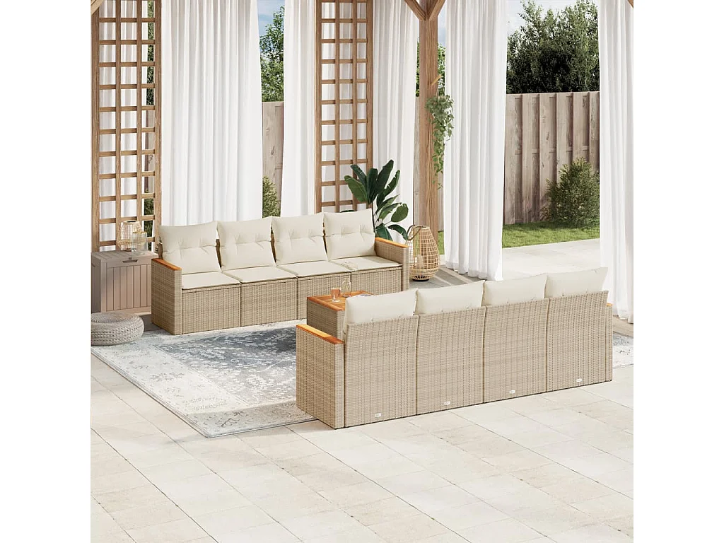 9-tlg. Garten-Sofagarnitur mit Kissen Beige Poly Rattan