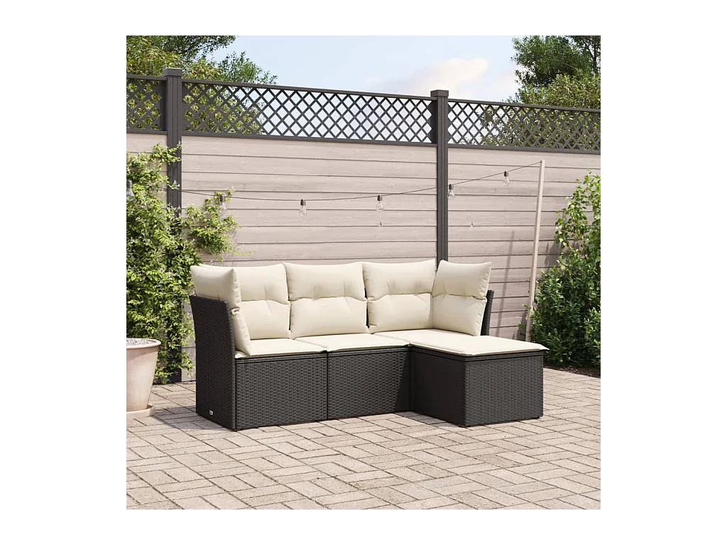 Salon de jardin 4 pcs avec coussins noir résine tressée